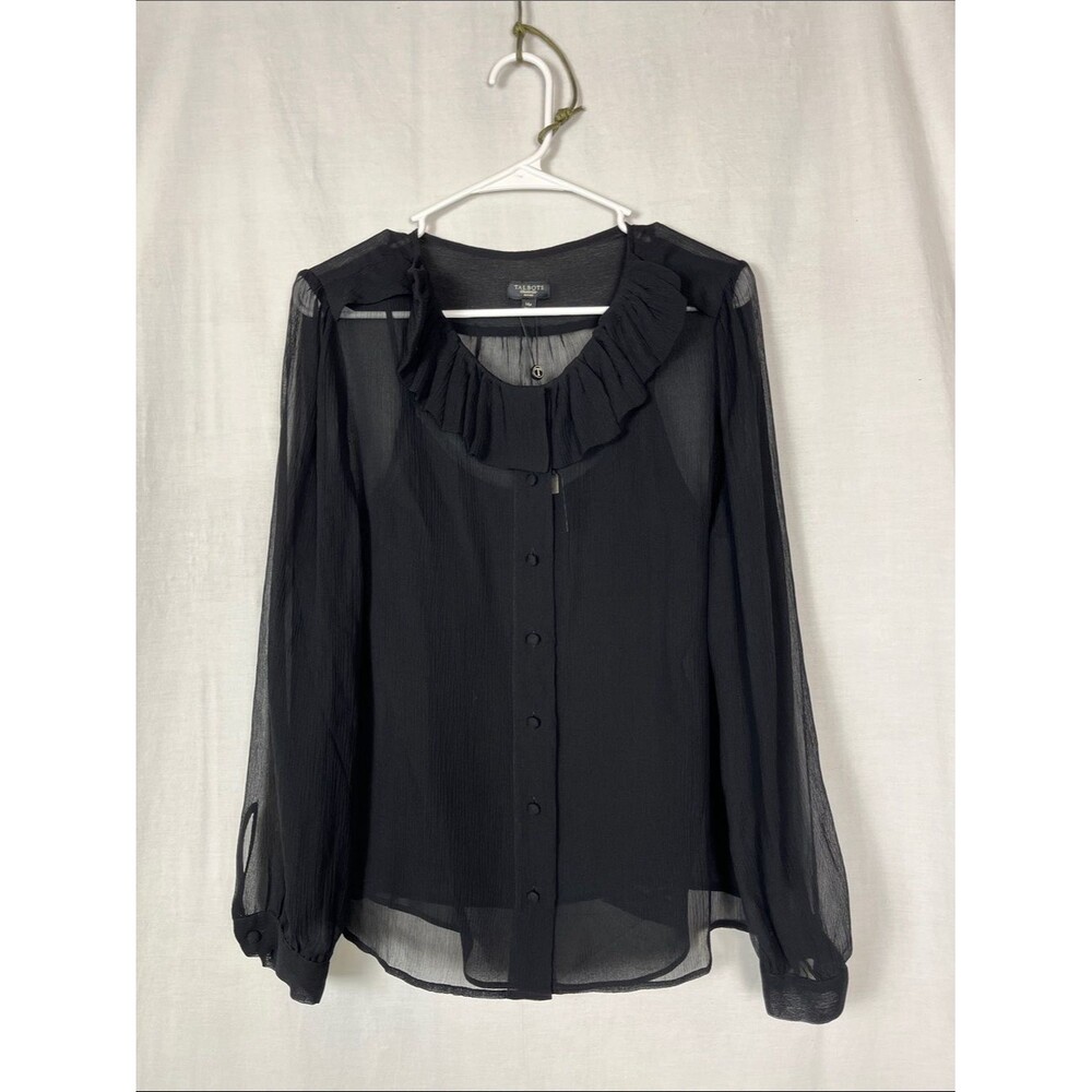 NWT Talbots Black Silk Sheer Long Sleeve Button Up Blouse with Tank